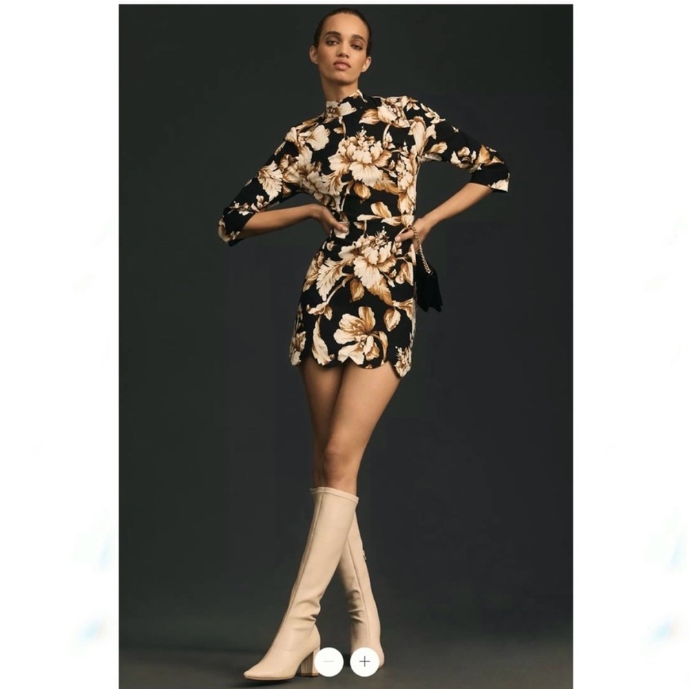 Maeve Floral Mini Dress in Black and Cream by Anthropologie